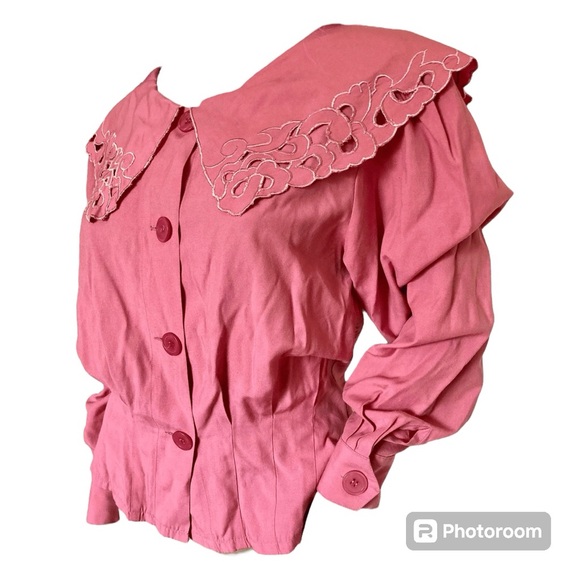 Vintage pink western style blouse with eyelet cute out ruffle collar - Picture 1 of 6